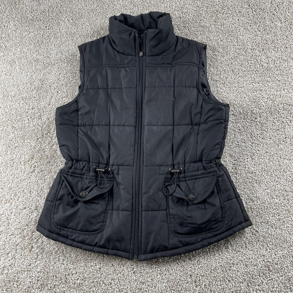 Vintage‎ New York & Company Vest Womens Medium Black Quilted Full Zip Collared